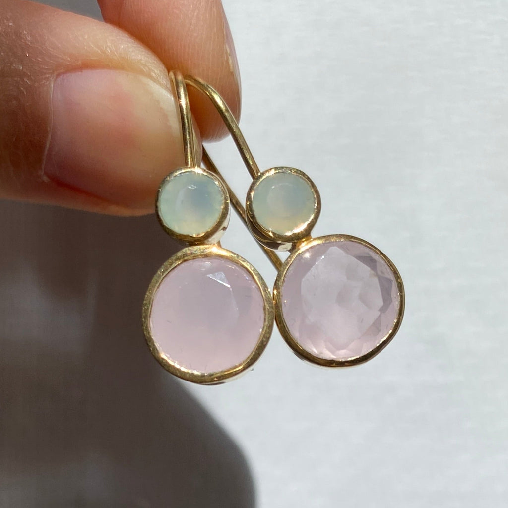 Rose quartz aqua chalcedony sterling silver gold plated drop earrings