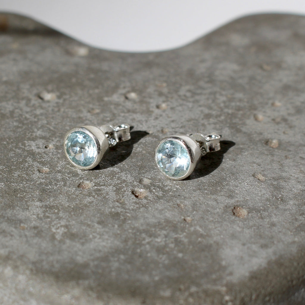 March Blue Topaz Birthstone Studs - St Silver