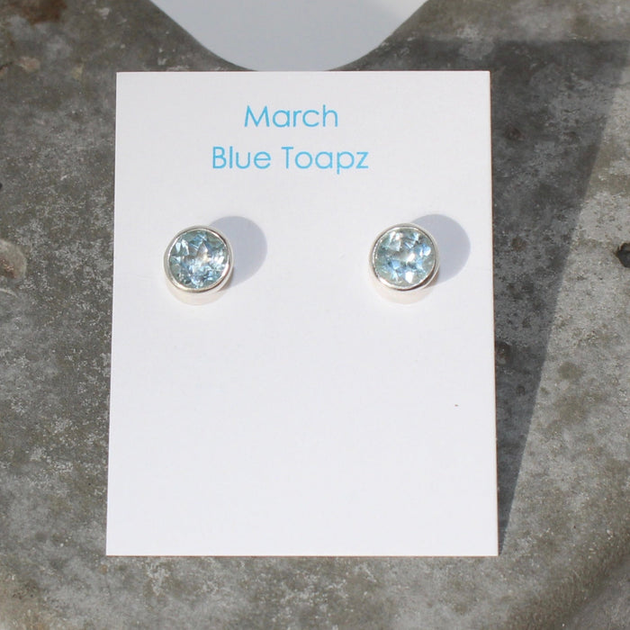 March Blue Topaz Birthstone Studs - St Silver