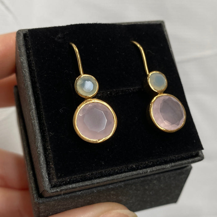 Rose quartz aqua chalcedony sterling silver gold plated drop earrings