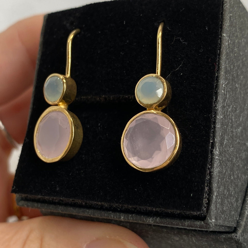 Rose quartz aqua chalcedony sterling silver gold plated drop earrings