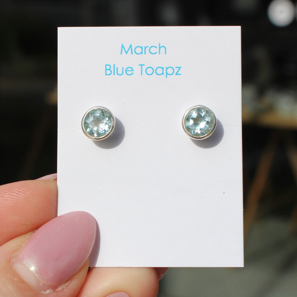 March Blue Topaz Birthstone Studs - St Silver