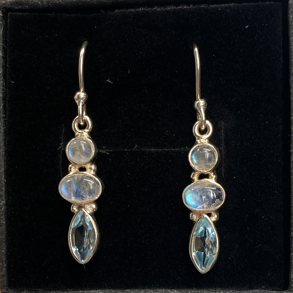 Moonstone and blue topaz sterling silver drop earrings