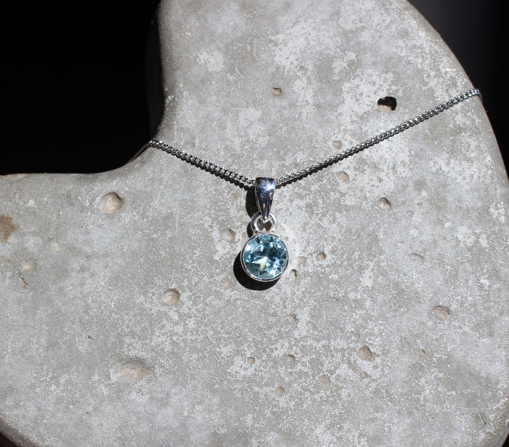 March Blue Topaz birthstone 8mm pendant sterling silver
