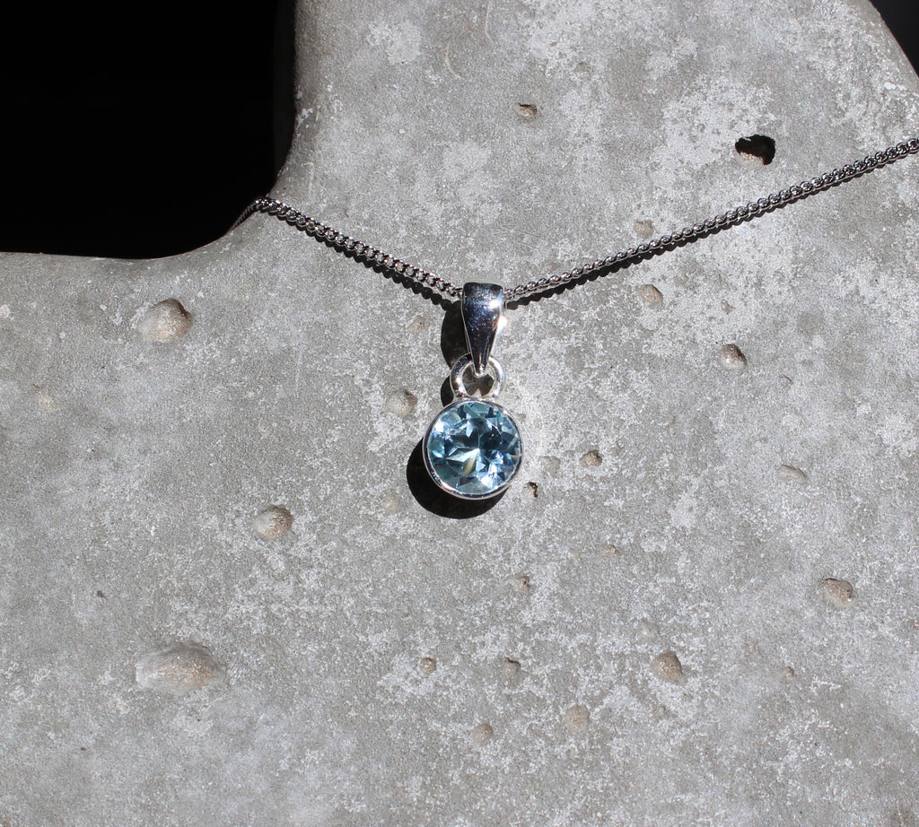 March Blue Topaz birthstone 8mm pendant sterling silver