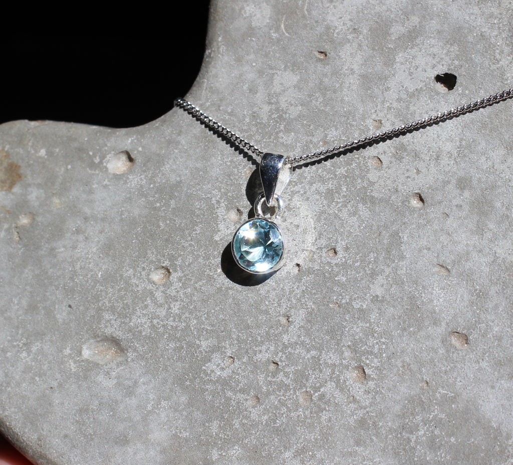 March Blue Topaz birthstone 8mm pendant sterling silver