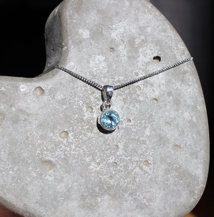 March Blue Topaz birthstone 8mm pendant sterling silver