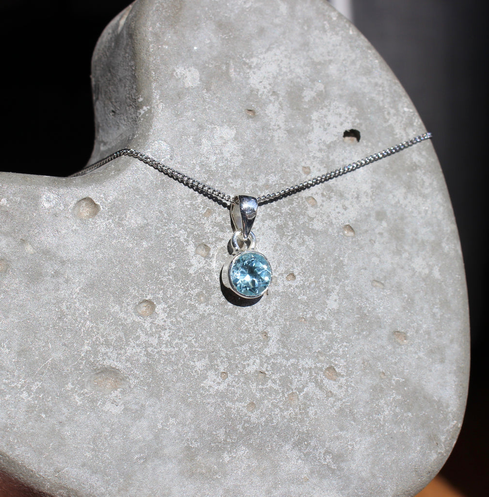 March Blue Topaz birthstone 8mm pendant sterling silver